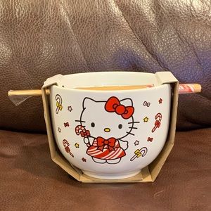 Hello Kitty Peppermint Candy Cane 20oz Ceramic Noodle Bowl & Chopstick Set